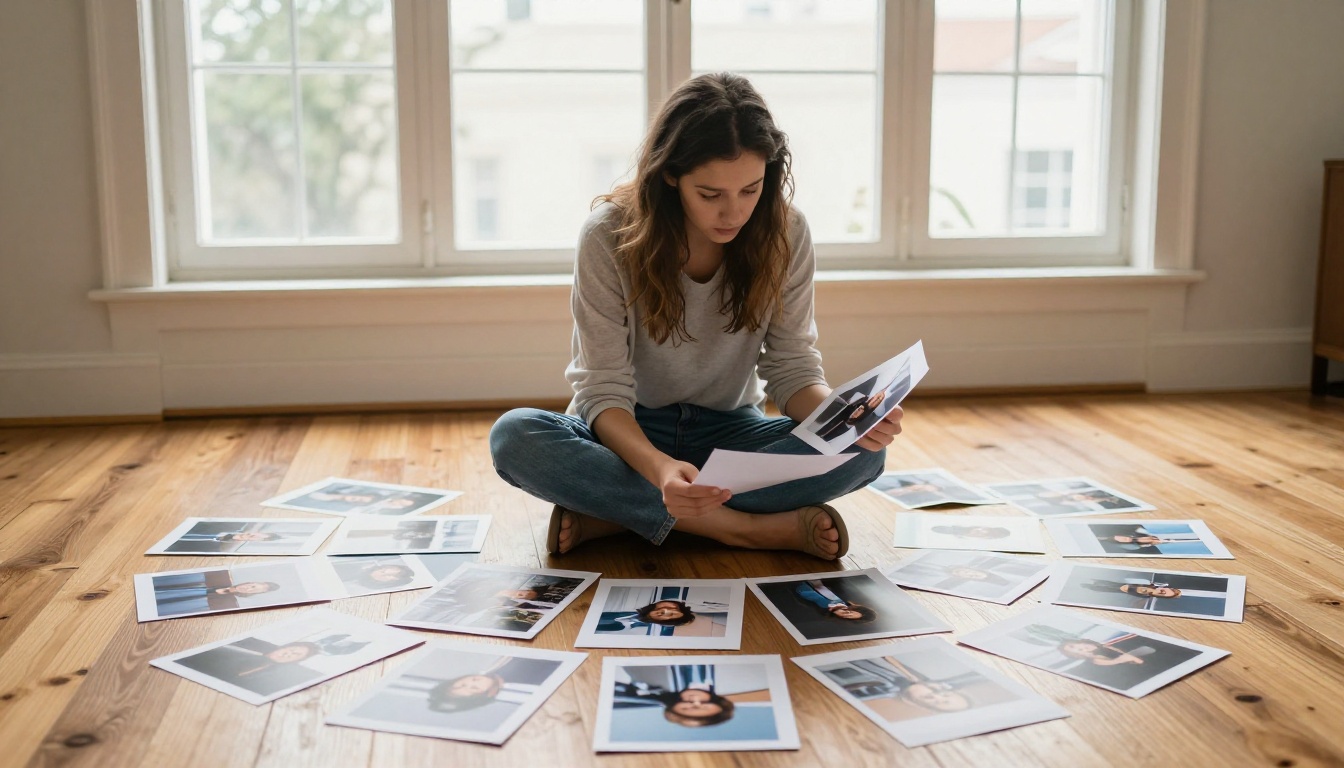 Young woman photographer sitting cross-legged on hardwood floor comparing printed photographs Young woman photographer sitting cross-legged on hardwood floor comparing printed photographs