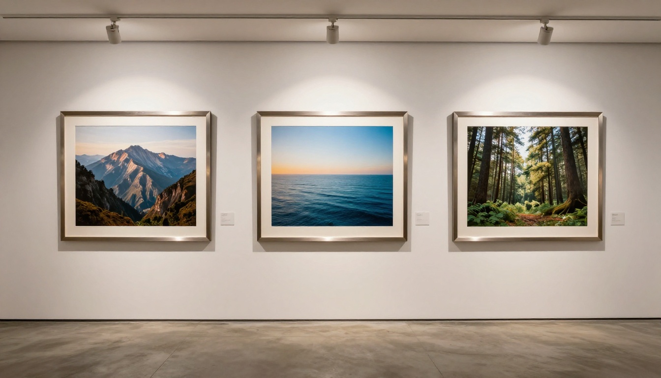 Contemporary gallery wall with three large framed landscape photographs lit by overhead track lighting Contemporary gallery wall with three large framed landscape photographs lit by overhead track lighting