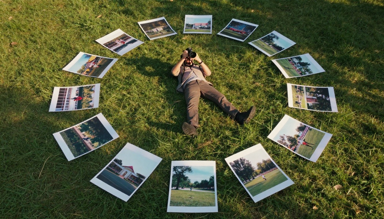 Aerial drone view of a photographer lying on green grass surrounded by a circular arrangement of printed photographs Aerial drone view of a photographer lying on green grass surrounded by a circular arrangement of printed photographs