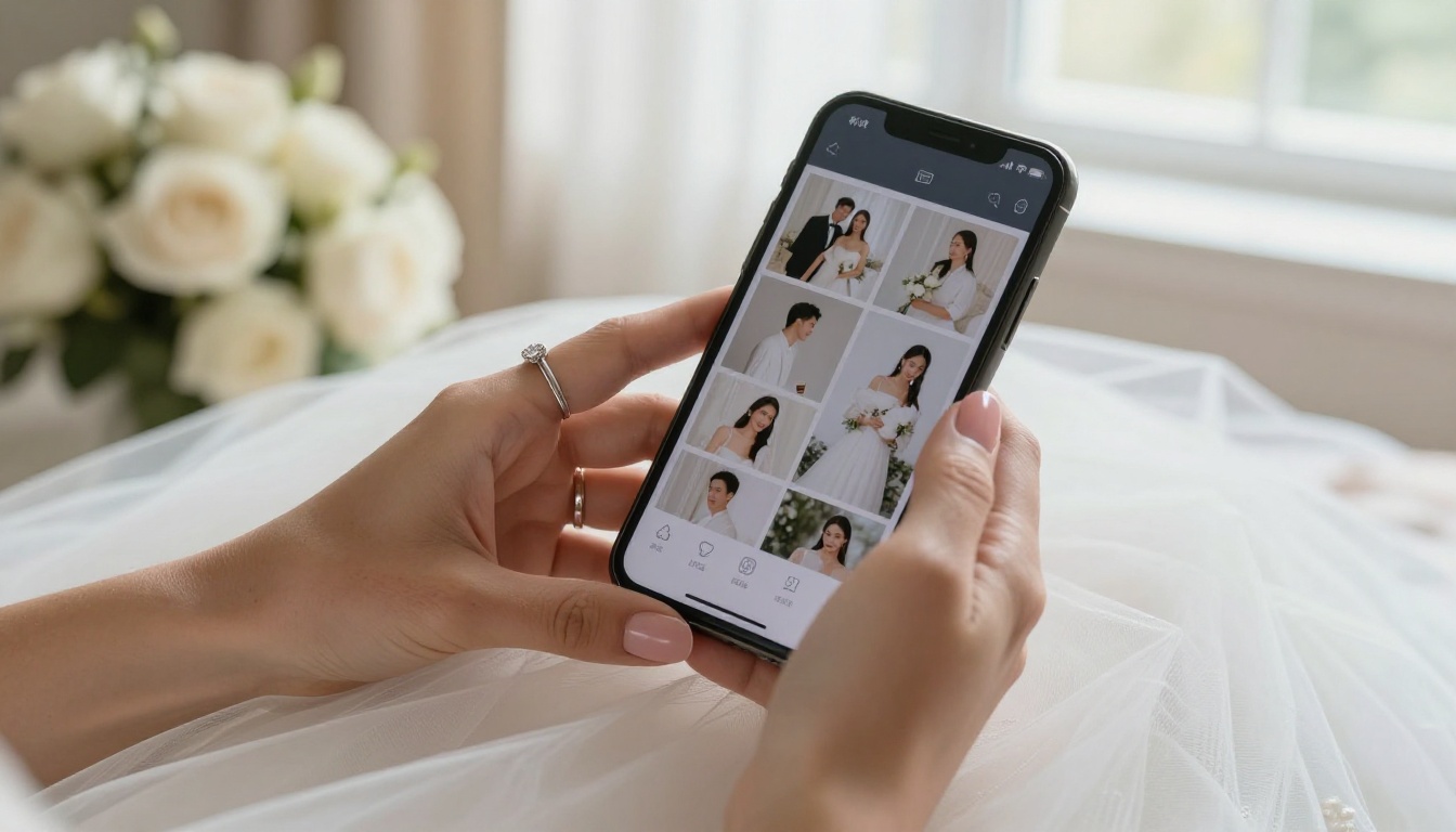 A bride's hands holding a smartphone displaying a digital wedding album with a page-flip animation, diamond wedding band, soft blush nails, diffused bridal suite light A bride's hands holding a smartphone displaying a digital wedding album with a page-flip animation, diamond wedding band, soft blush nails, diffused bridal suite light