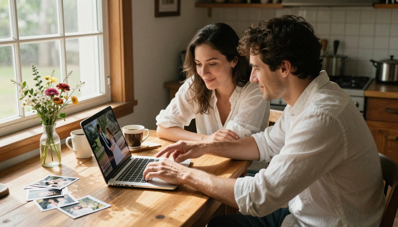 A newlywed couple sitting at a wooden kitchen table reviewing wedding photos on a laptop, warm morning sunlight streaming from the left A newlywed couple sitting at a wooden kitchen table reviewing wedding photos on a laptop, warm morning sunlight streaming from the left