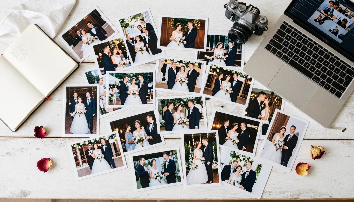 Overhead aerial flat-lay of printed wedding photos spread across a rustic wooden table being sorted and organized for a digital album project Overhead aerial flat-lay of printed wedding photos spread across a rustic wooden table being sorted and organized for a digital album project