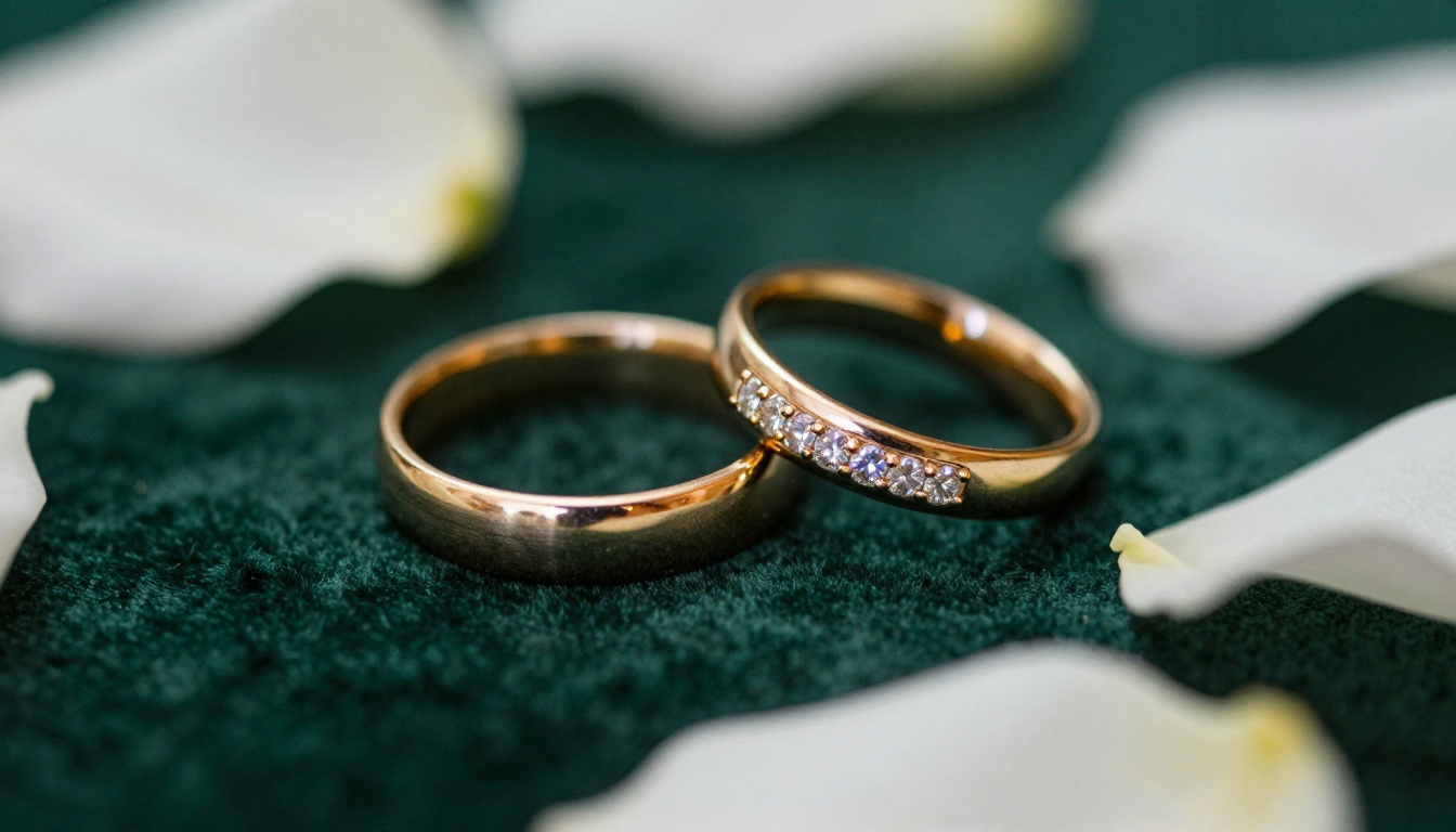 Macro close-up of two gold wedding rings resting on white rose petals against dark green velvet, diamond pavé setting catching warm directional light into prisms Macro close-up of two gold wedding rings resting on white rose petals against dark green velvet, diamond pavé setting catching warm directional light into prisms