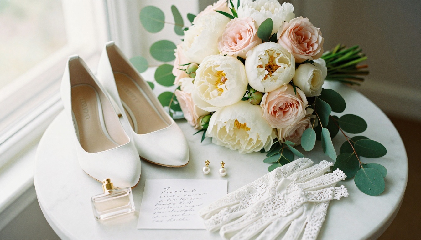 Elegant bridal flat-lay of ivory peonies, blush garden roses, white satin heels, pearl drop earring, and handwritten vow card on white marble surface Elegant bridal flat-lay of ivory peonies, blush garden roses, white satin heels, pearl drop earring, and handwritten vow card on white marble surface