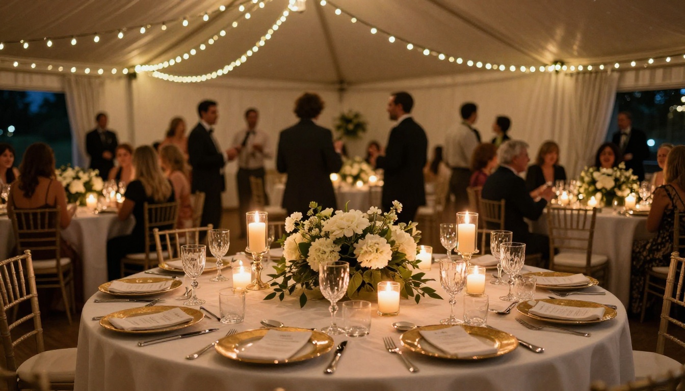 Wide-angle wedding reception hall shot from a low table angle, crystal candle holders, white hydrangea centerpieces, gold-rimmed plates, warm string lights draped overhead