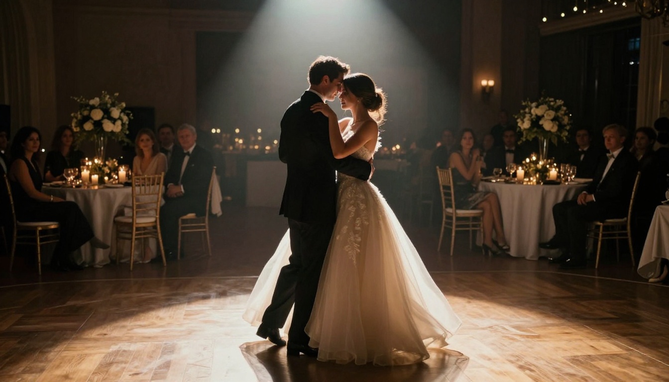 Bride and groom sharing their first dance on a wooden dance floor, ballgown fabric moving in motion under warm theatrical spotlights, black tuxedo, guests softly blurred in background