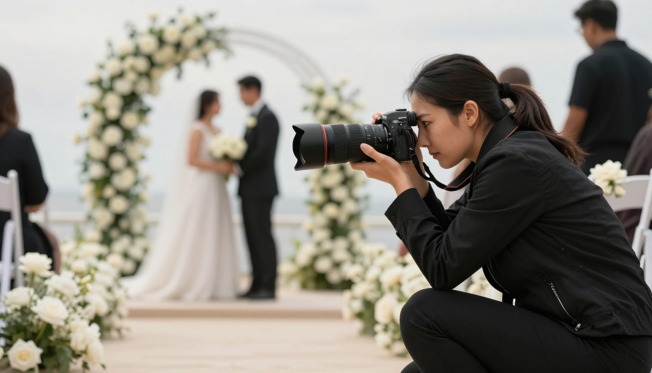 A female wedding photographer crouching at the ceremony, shooting the couple at the altar with a telephoto lens, floral arch behind them against a bright sky