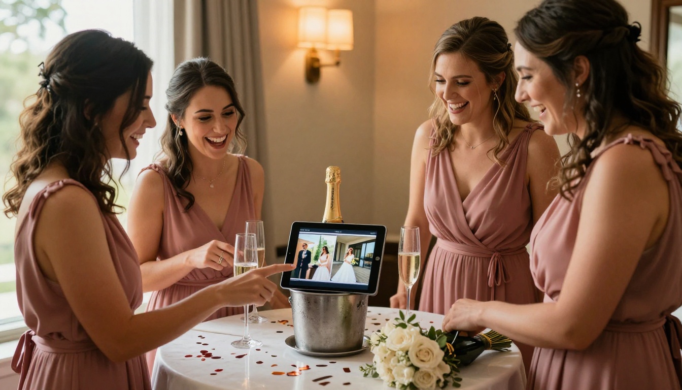 Three bridesmaids in dusty rose dresses gathered around a tablet on a hotel table, laughing and pointing at wedding photos, champagne flutes nearby, warm golden afternoon light