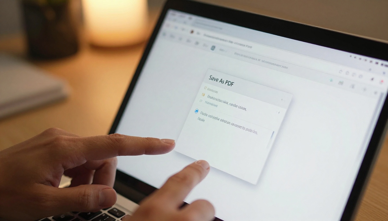 Close-up of hands on a laptop keyboard with a Save As PDF dialog box open on screen