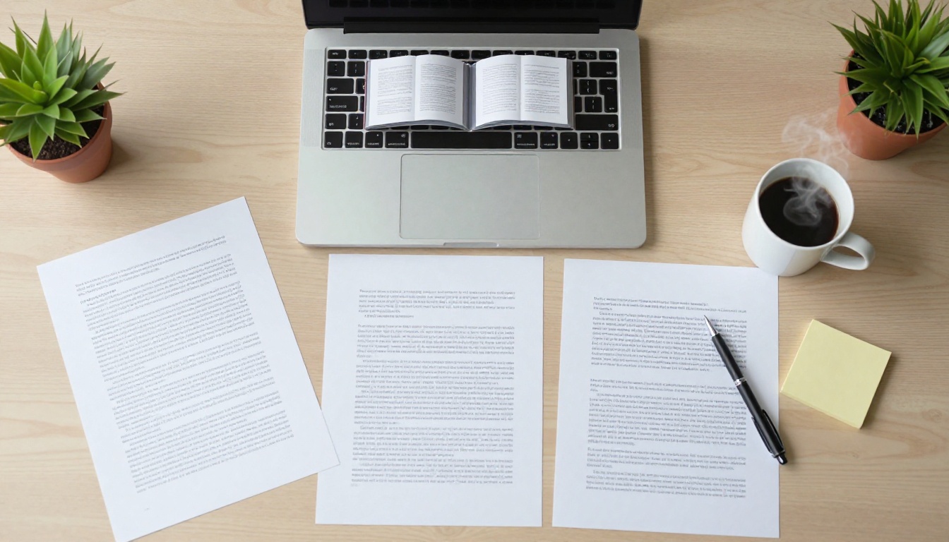 Aerial overhead flat lay of an office desk with printed Word documents, a laptop showing a flipbook interface, a coffee mug and pen
