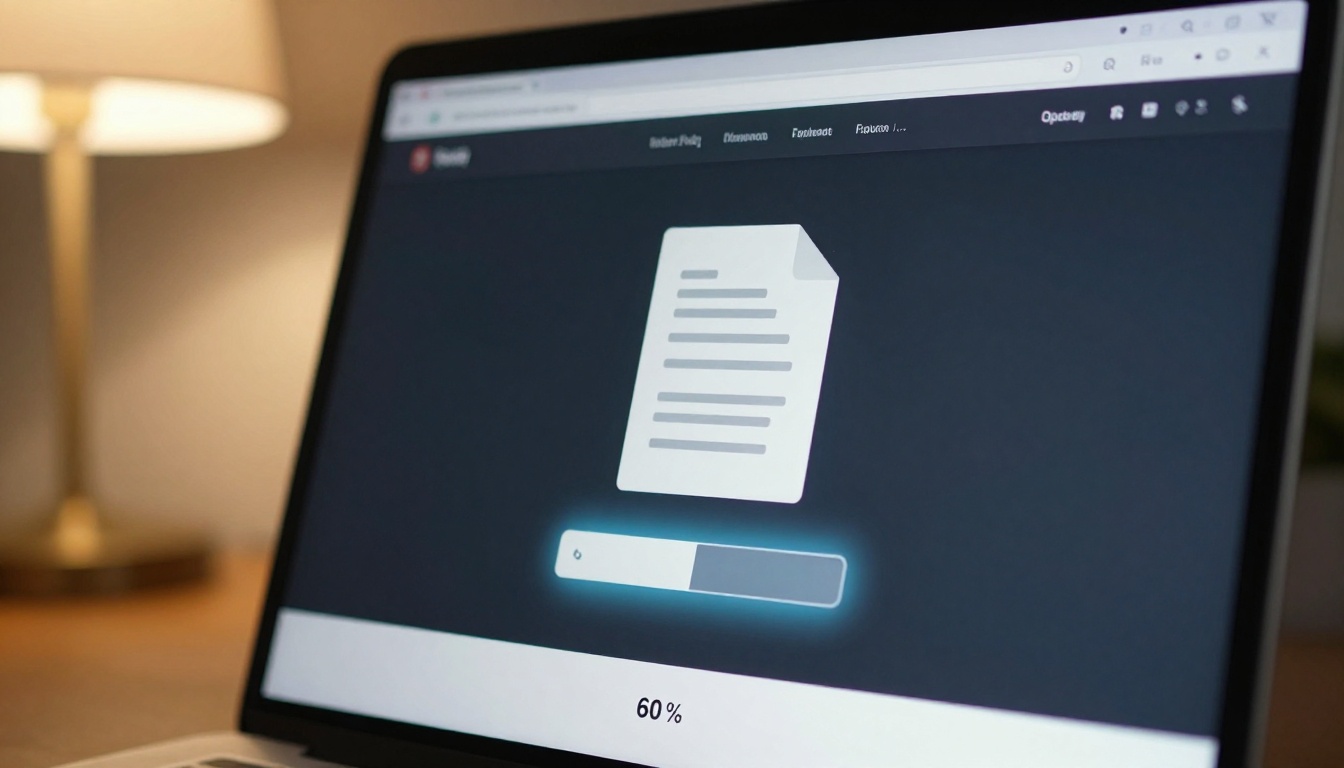 Close-up of a laptop showing a flipbook platform upload interface with a PDF file being dragged into the upload zone