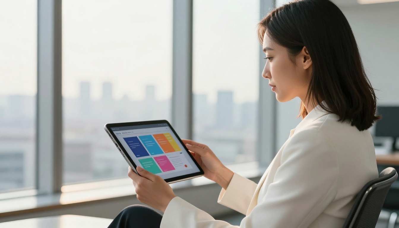 A professional businesswoman reviewing an open digital flipbook on a tablet in a modern bright office