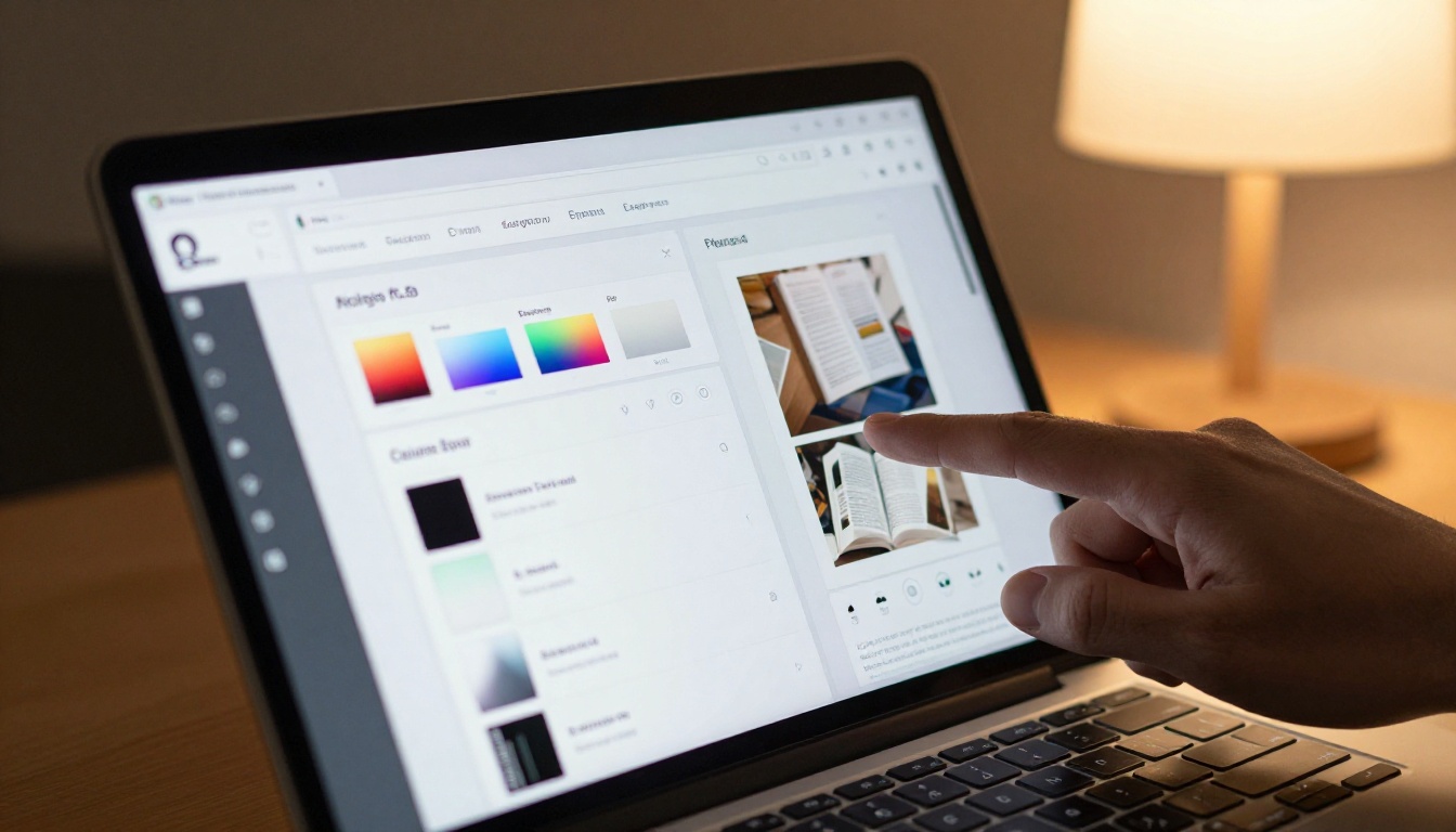 Close-up of a laptop screen showing a flipbook customization dashboard with color palette swatches and branding options