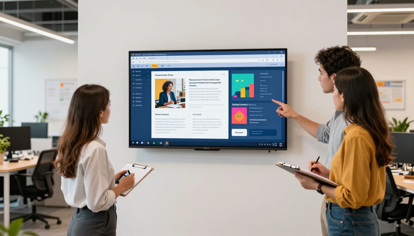 A marketing team in a modern open-plan office reviewing a shared digital flipbook on a large mounted monitor