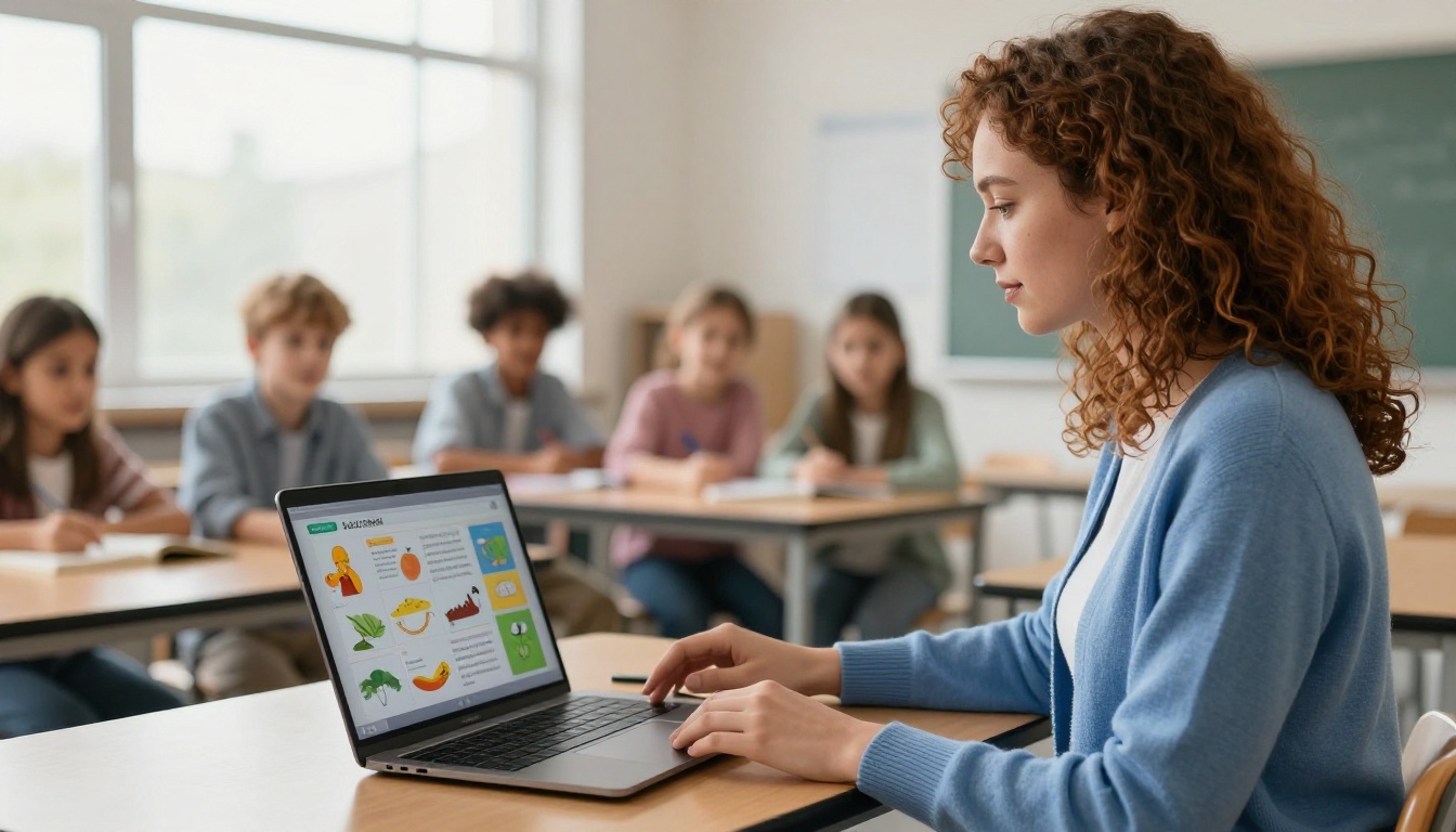 A teacher standing beside a laptop showing a colorful educational digital flipbook to students in a bright modern classroom