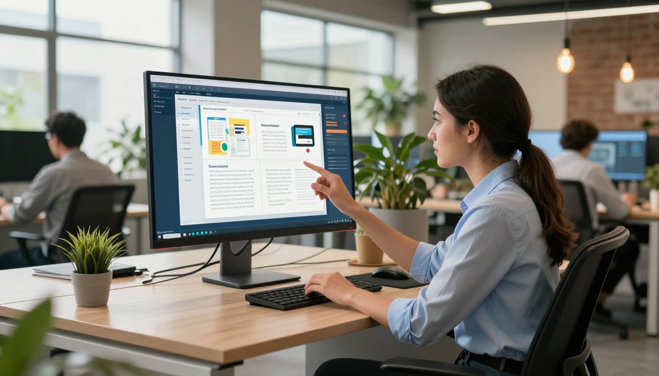 Professional viewing an interactive flipbook on an ultrawide office monitor Professional viewing an interactive flipbook on an ultrawide office monitor