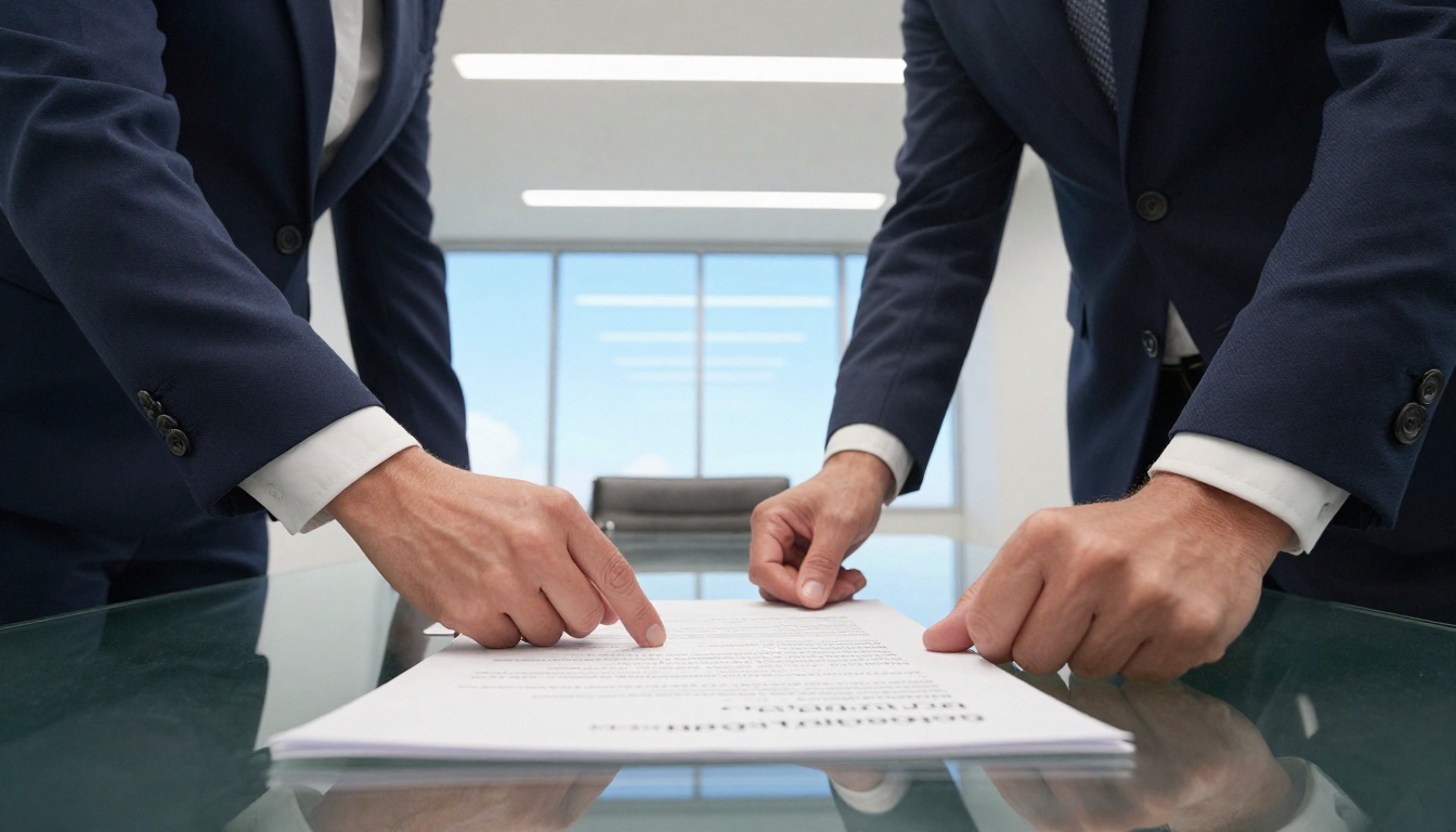 Two business professionals closing a deal with a sales flipbook open between them
