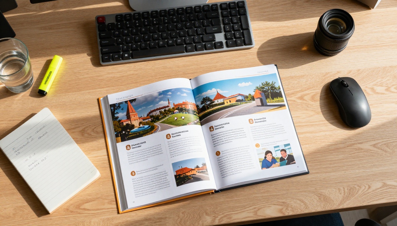 Overhead flat-lay of an organized desk with a sales flipbook open at center Overhead flat-lay of an organized desk with a sales flipbook open at center