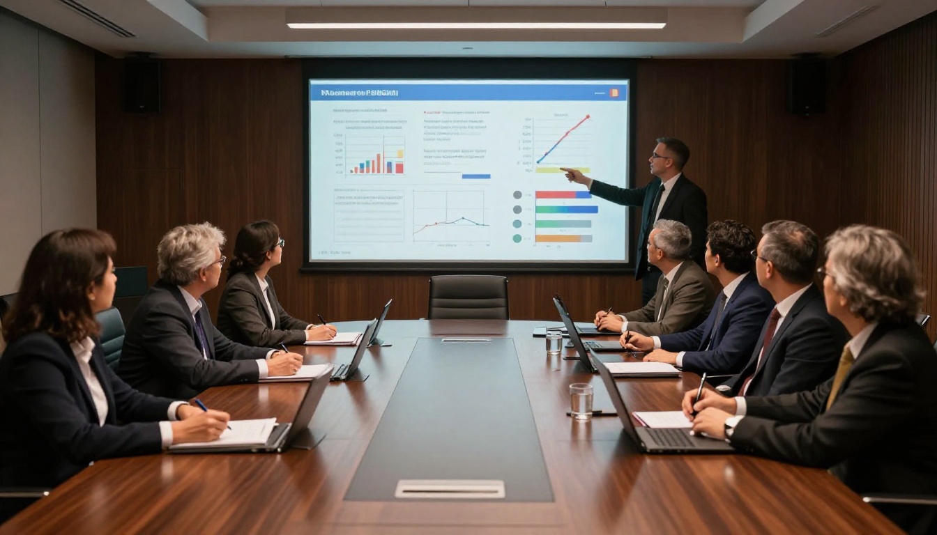 Executive boardroom with a flipbook presentation on a large wall display