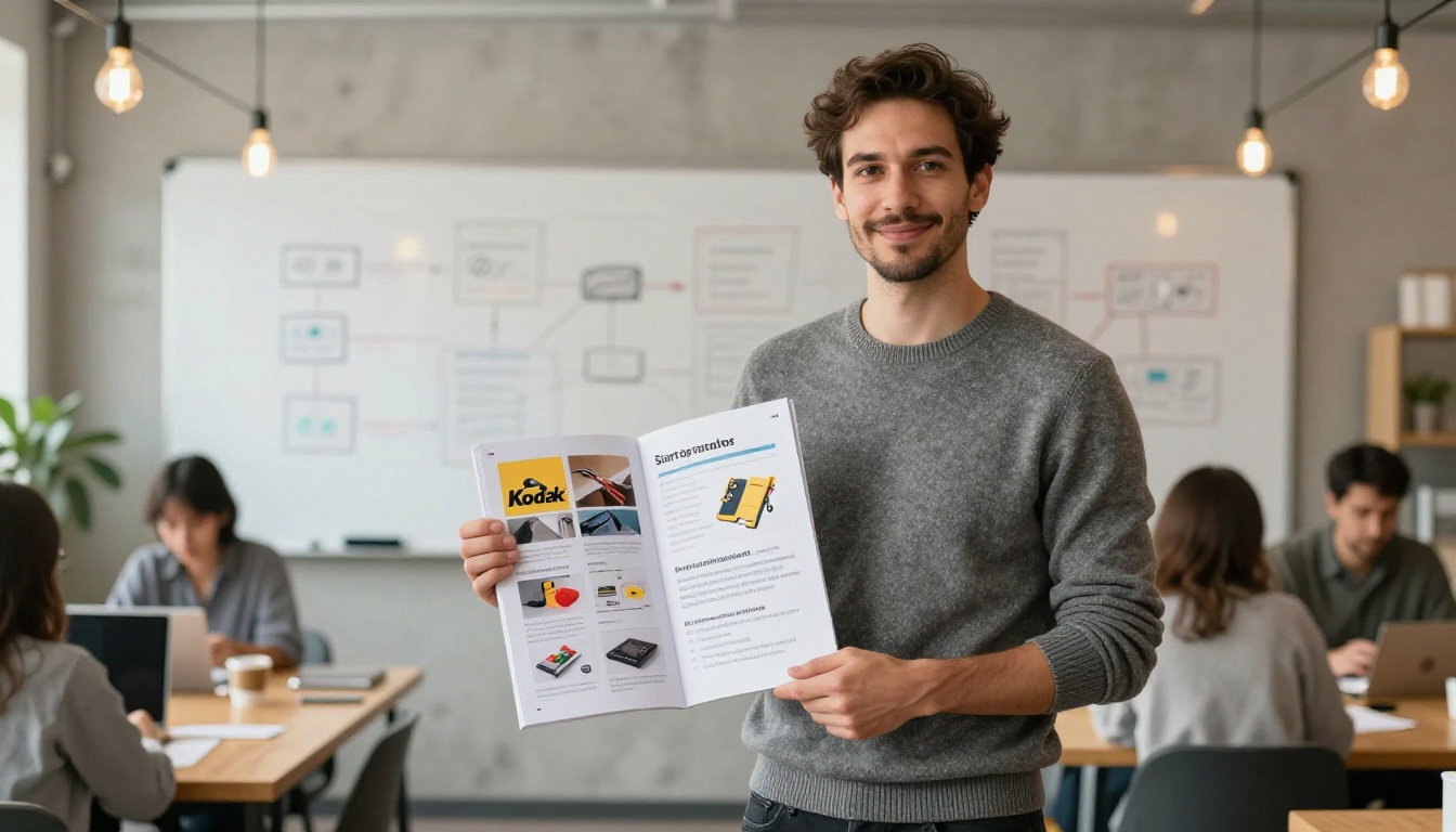 Startup founder holding a sales flipbook open in a co-working space Startup founder holding a sales flipbook open in a co-working space