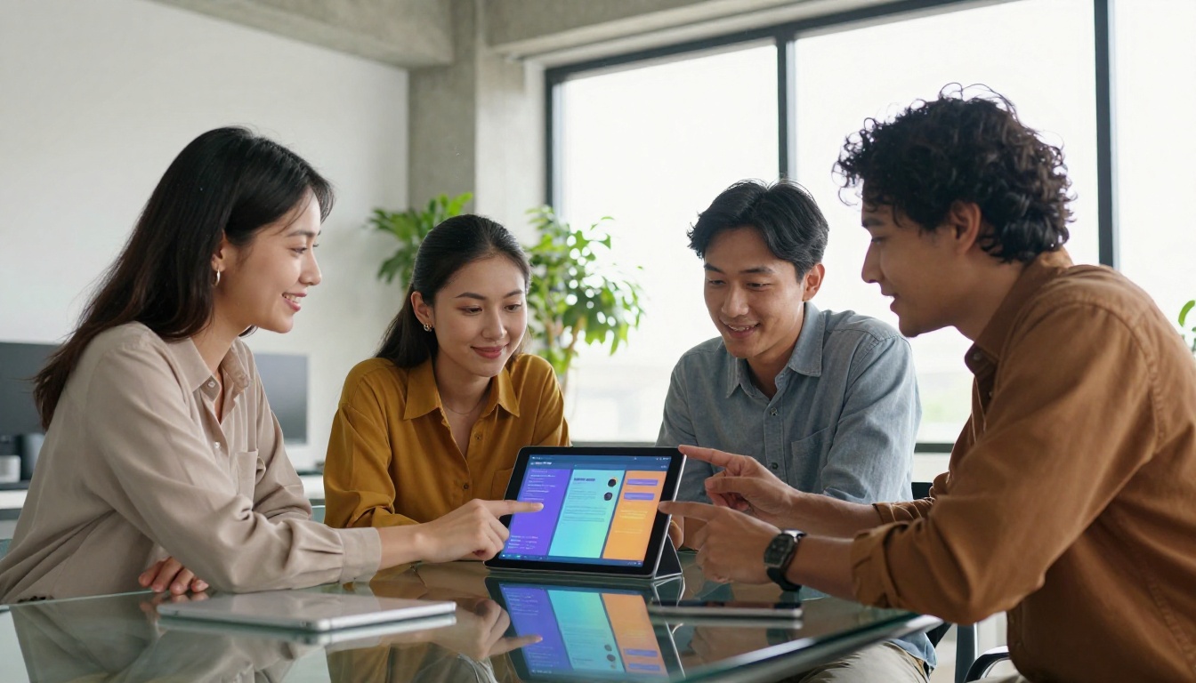 Diverse marketing team engaged around a tablet reviewing digital content Diverse marketing team engaged around a tablet reviewing digital content