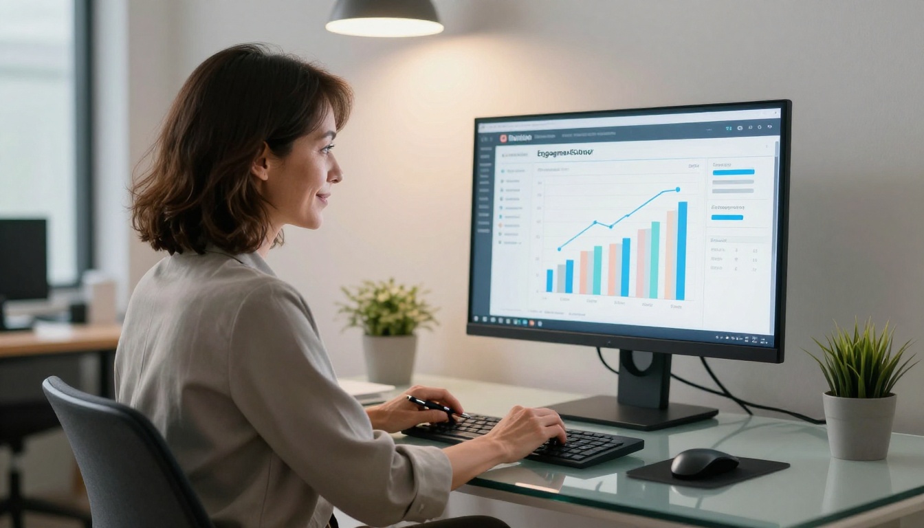 Professional woman reviewing rising analytics on a widescreen monitor Professional woman reviewing rising analytics on a widescreen monitor