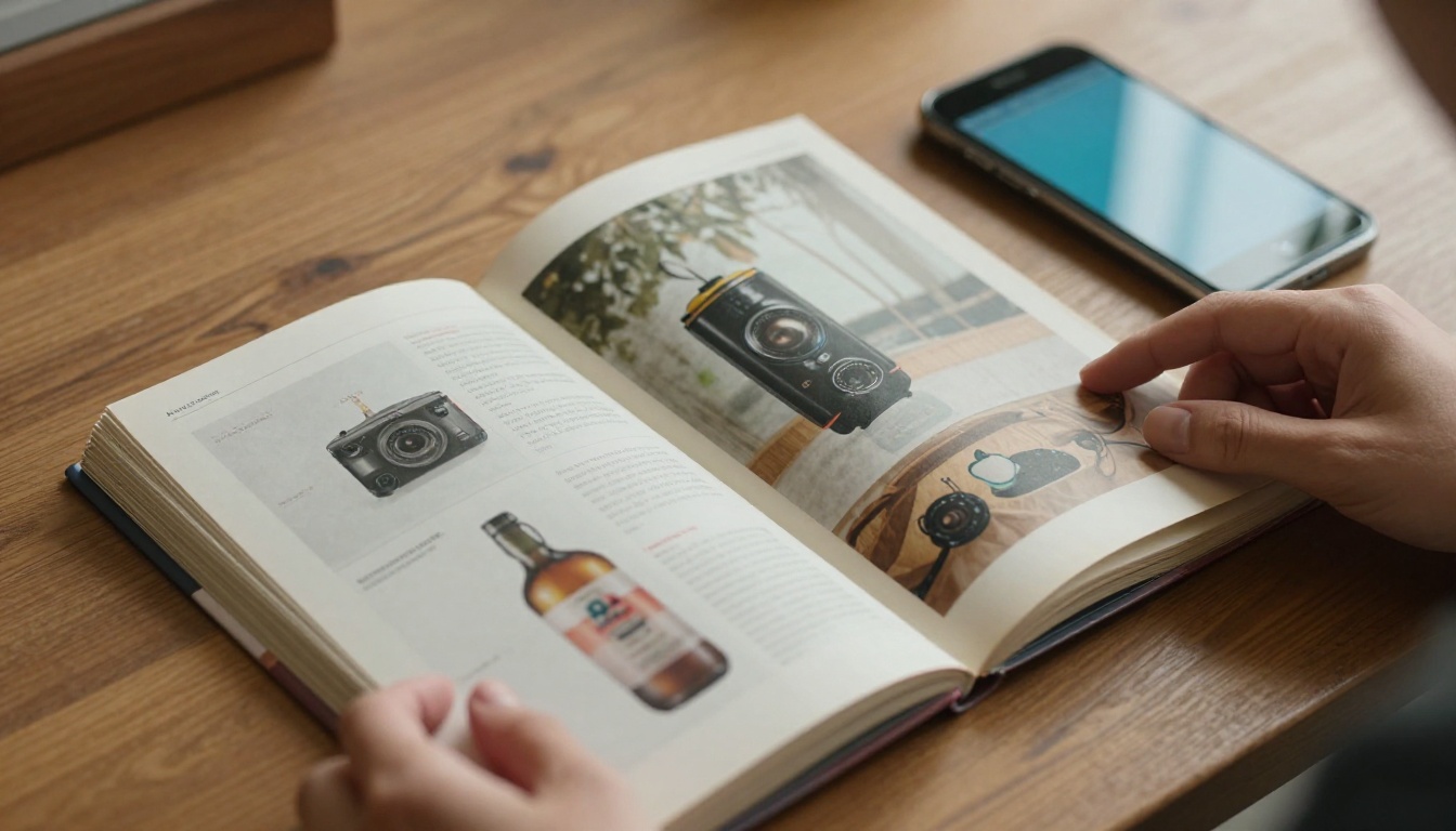 Woman's hands holding an outdated printed product catalog on a wooden table, with a vivid smartphone nearby Woman's hands holding an outdated printed product catalog on a wooden table, with a vivid smartphone nearby