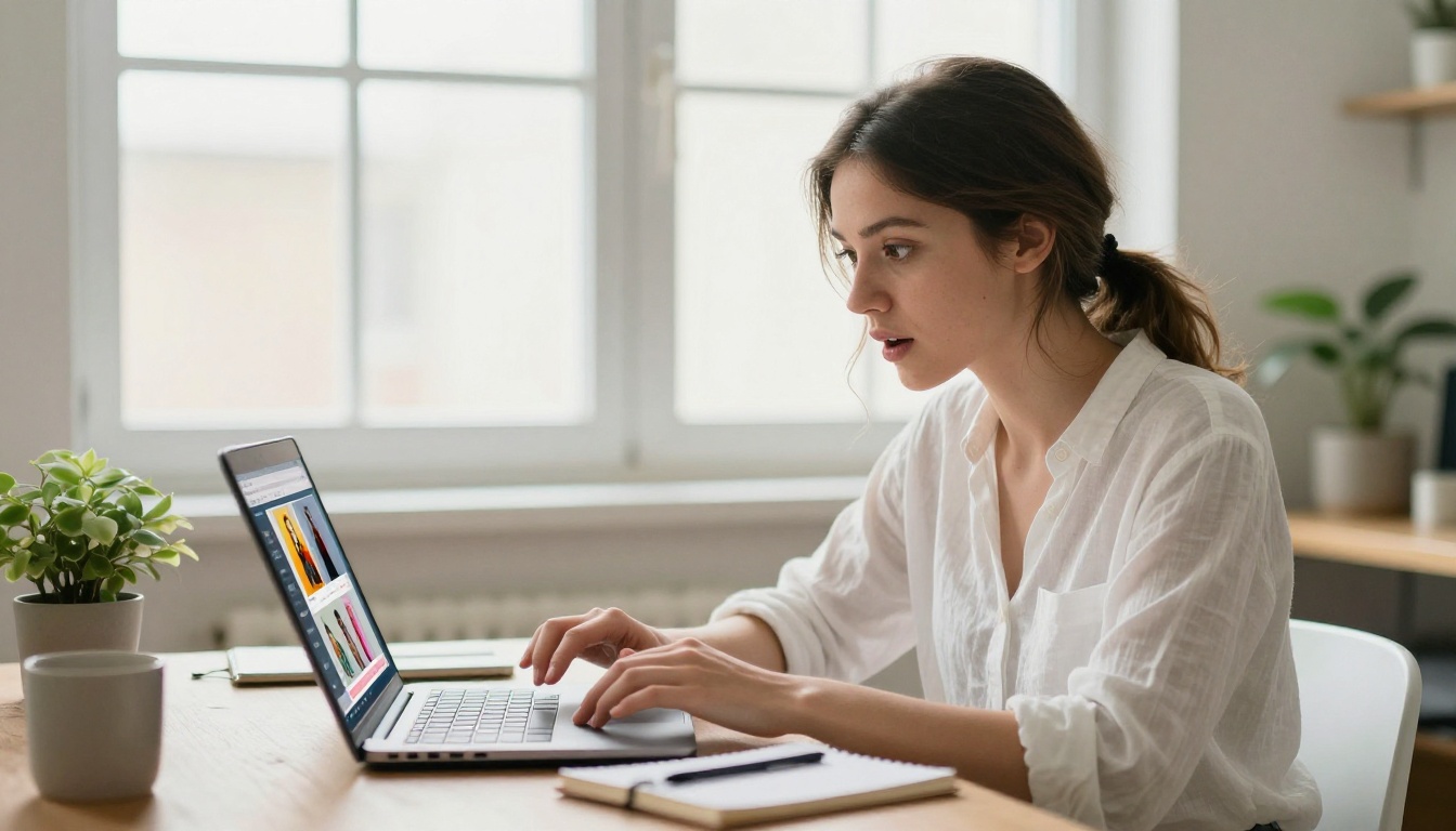 Young woman engaged and impressed while viewing a colorful product catalog on her laptop at home Young woman engaged and impressed while viewing a colorful product catalog on her laptop at home