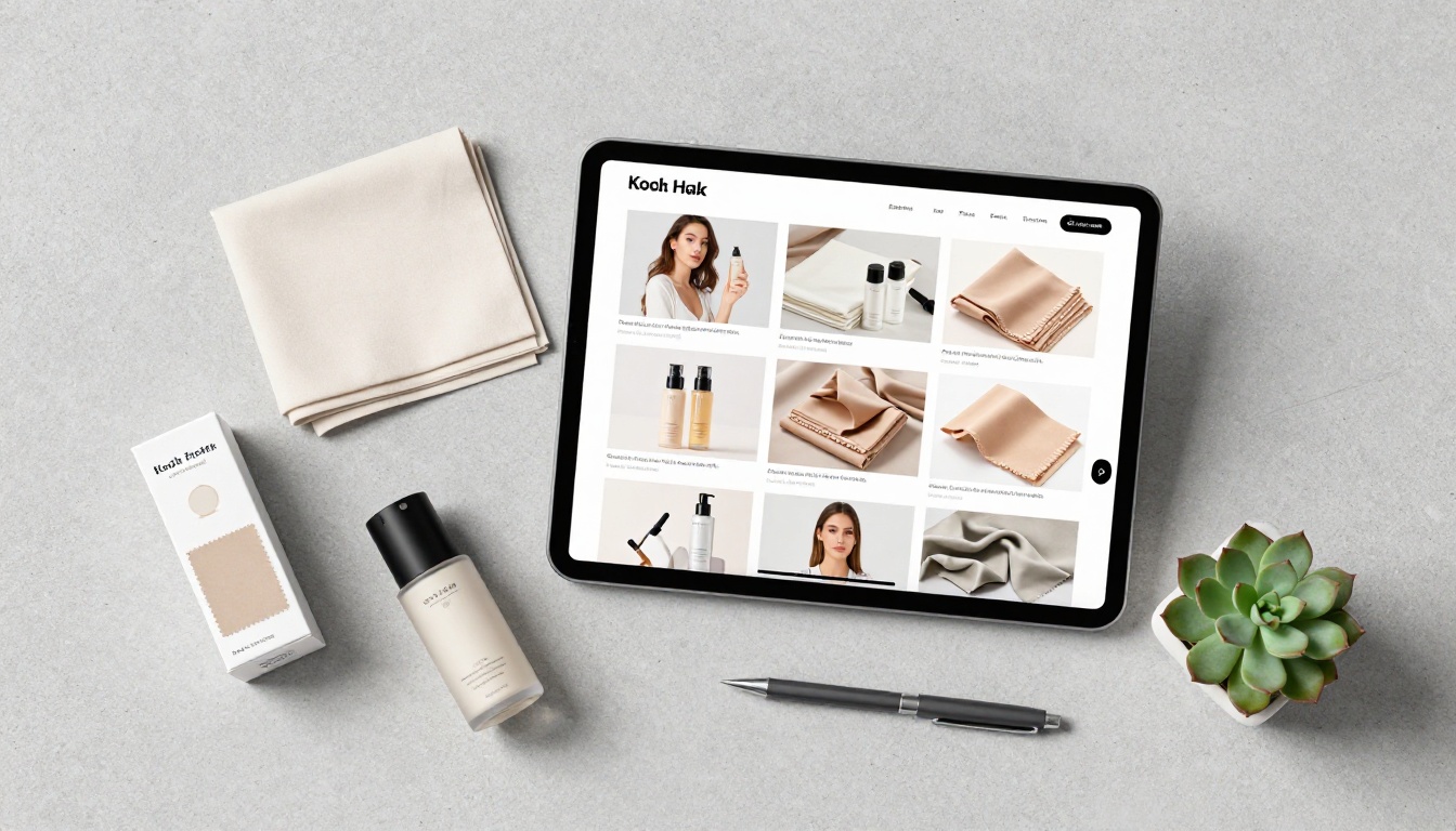 Aerial flat-lay of ecommerce products surrounding a tablet displaying a digital catalog grid Aerial flat-lay of ecommerce products surrounding a tablet displaying a digital catalog grid