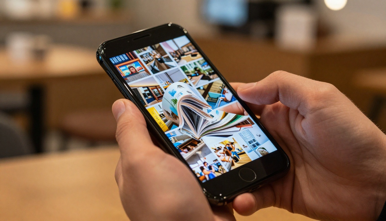 Hands holding a smartphone displaying a vivid product catalog flipbook mid-page-turn in a warm cafe setting Hands holding a smartphone displaying a vivid product catalog flipbook mid-page-turn in a warm cafe setting