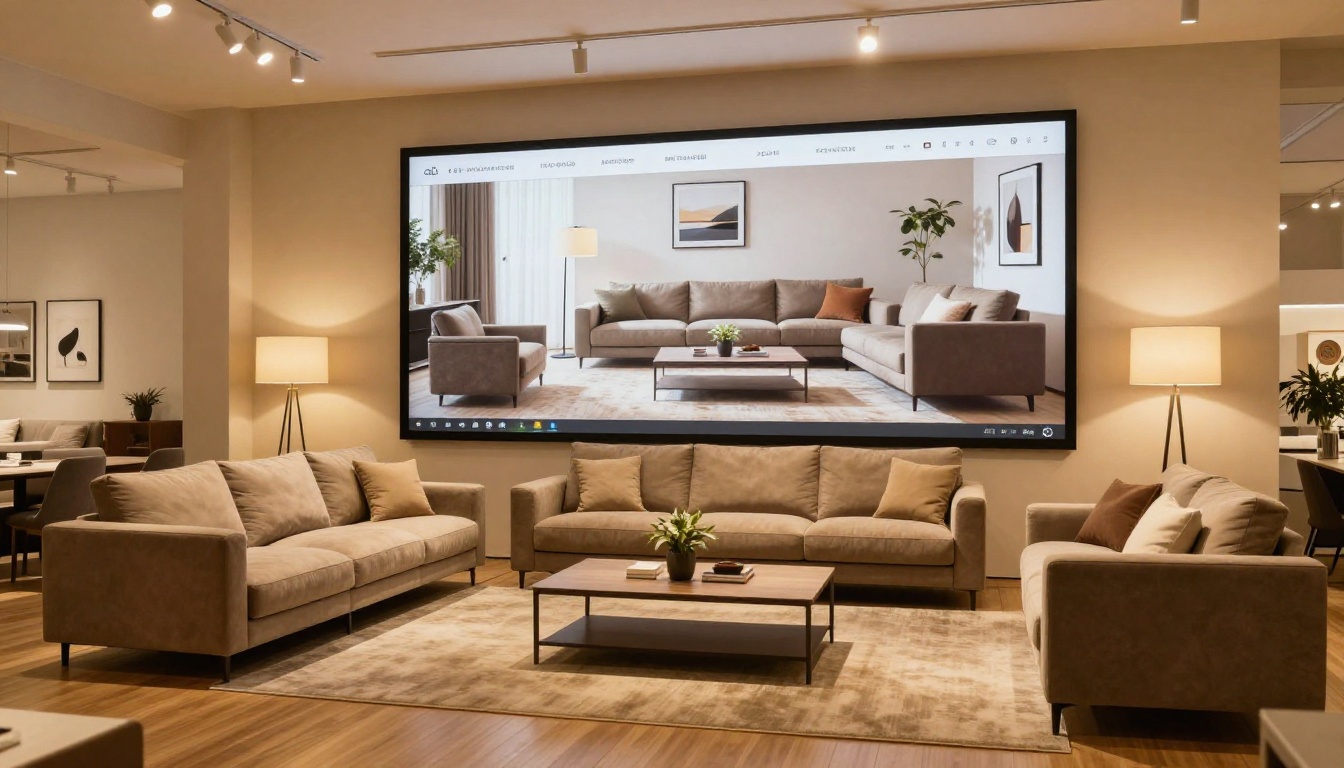 Stylish furniture showroom with a large wall screen displaying a digital room-context catalog spread