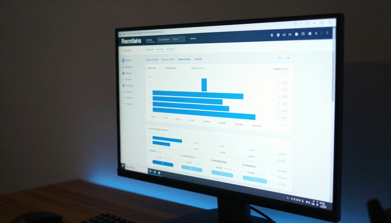 Large monitor displaying a dark-mode analytics dashboard with bar charts and visitor flow data