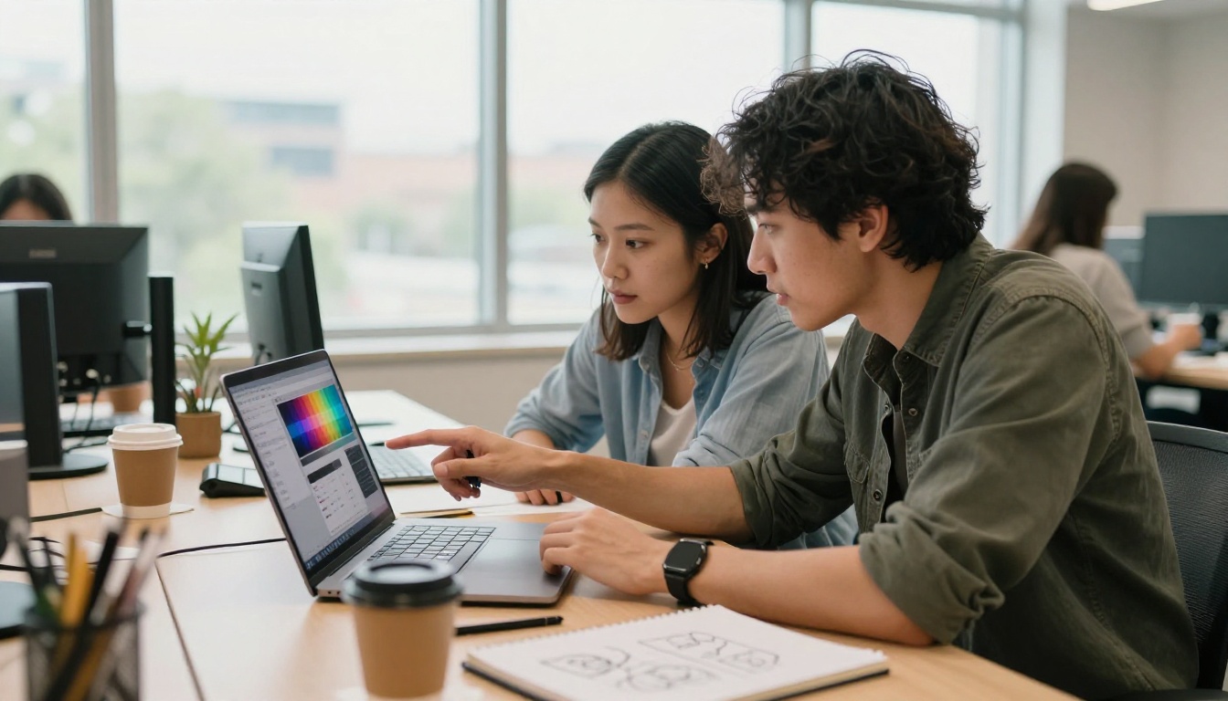 Two team members collaborating on a catalog customization interface at a laptop in a bright co-working space Two team members collaborating on a catalog customization interface at a laptop in a bright co-working space