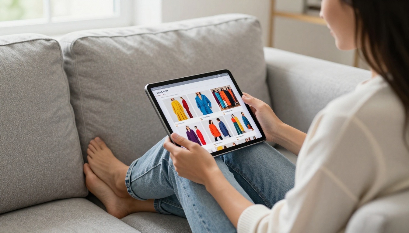 Woman relaxing on a light grey sofa, comfortably browsing a fashion flipbook catalog on a tablet
