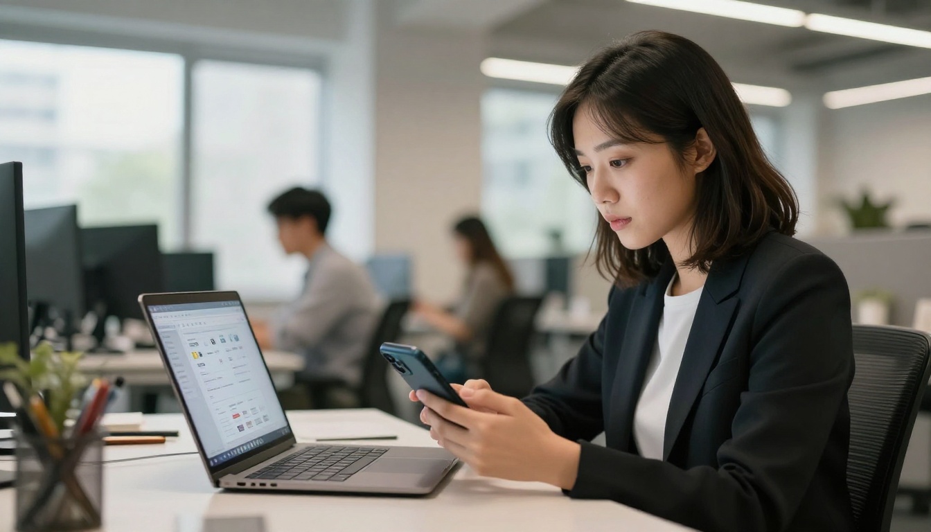 Professional woman reviewing a digital catalog on her phone in a modern office Professional woman reviewing a digital catalog on her phone in a modern office