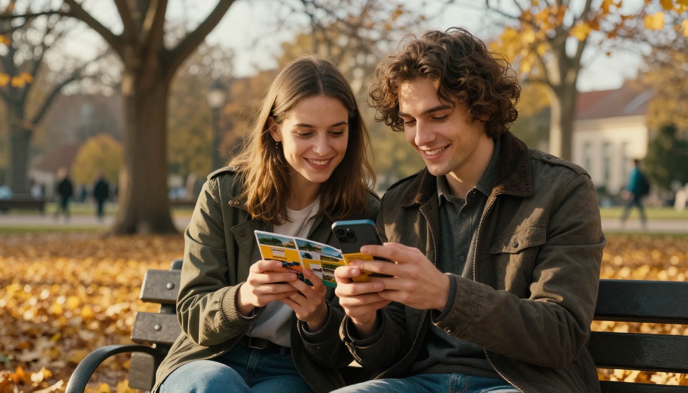 Two friends looking at a digital travel brochure shared on WhatsApp in autumn park Two friends looking at a digital travel brochure shared on WhatsApp in autumn park