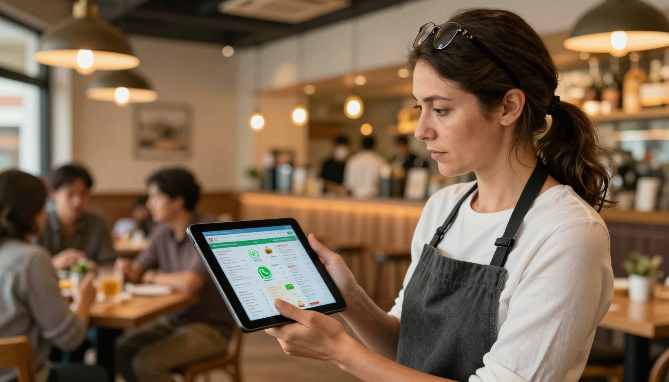 Restaurant owner sharing a digital menu on WhatsApp via a tablet device Restaurant owner sharing a digital menu on WhatsApp via a tablet device