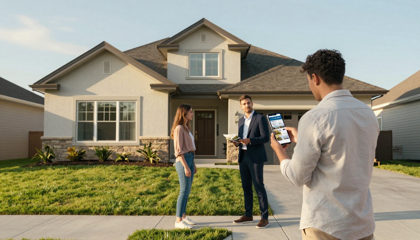 Real estate agent sharing a property brochure flipbook on his phone with a couple outside a house Real estate agent sharing a property brochure flipbook on his phone with a couple outside a house