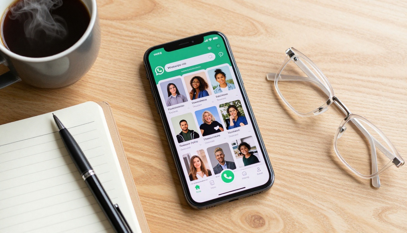 Overhead flat-lay of smartphone with flipbook link in WhatsApp group chat on oak desk with coffee Overhead flat-lay of smartphone with flipbook link in WhatsApp group chat on oak desk with coffee
