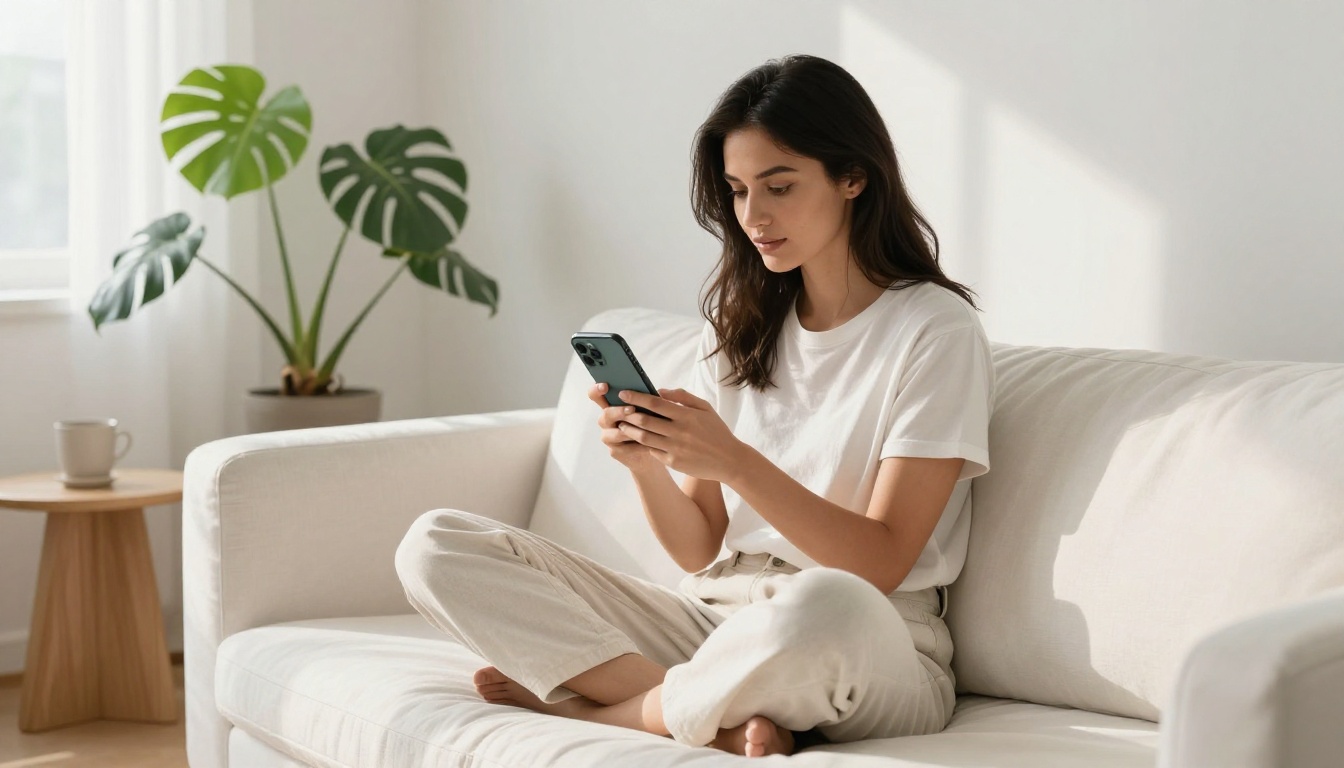 Fashion-forward woman scrolling through a digital lookbook shared on WhatsApp on a white sofa Fashion-forward woman scrolling through a digital lookbook shared on WhatsApp on a white sofa
