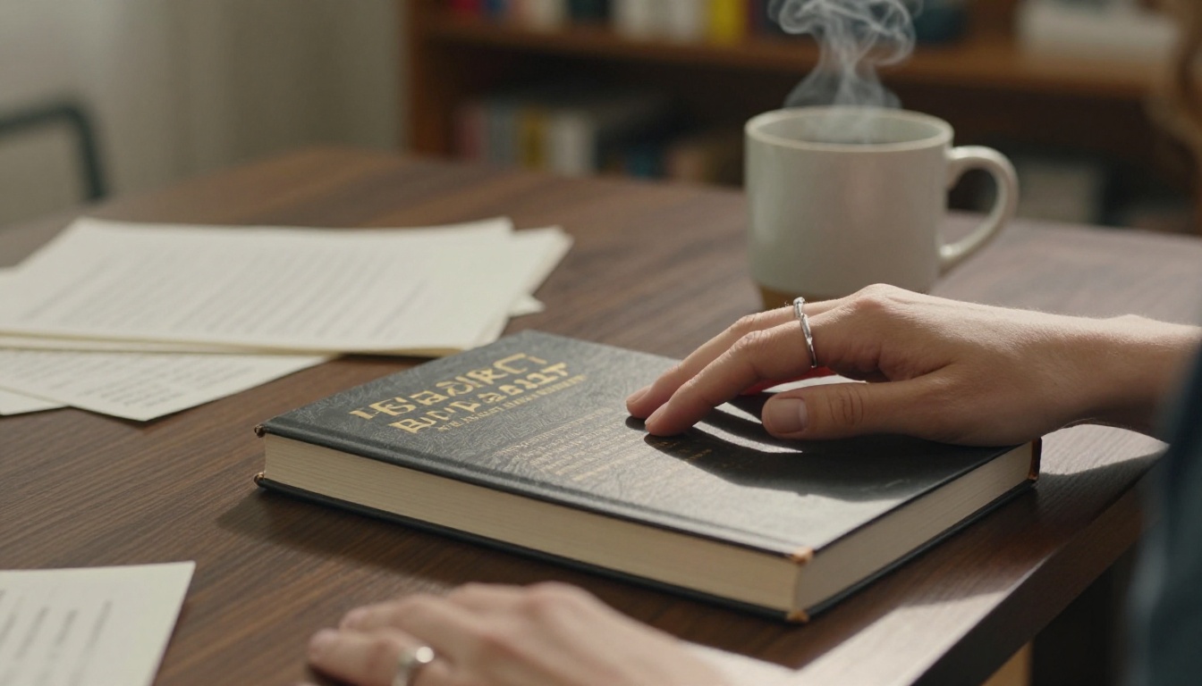 Author hands touching a finished novel on a writing desk