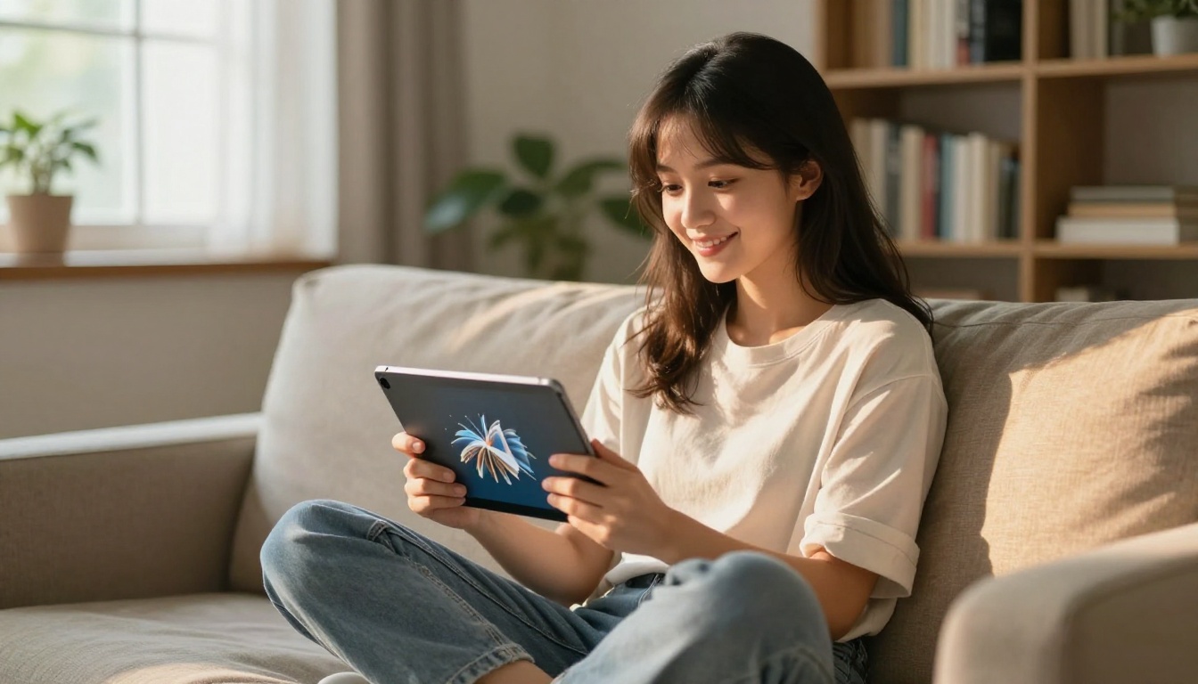 Woman on sofa interacting with a flipbook on a tablet