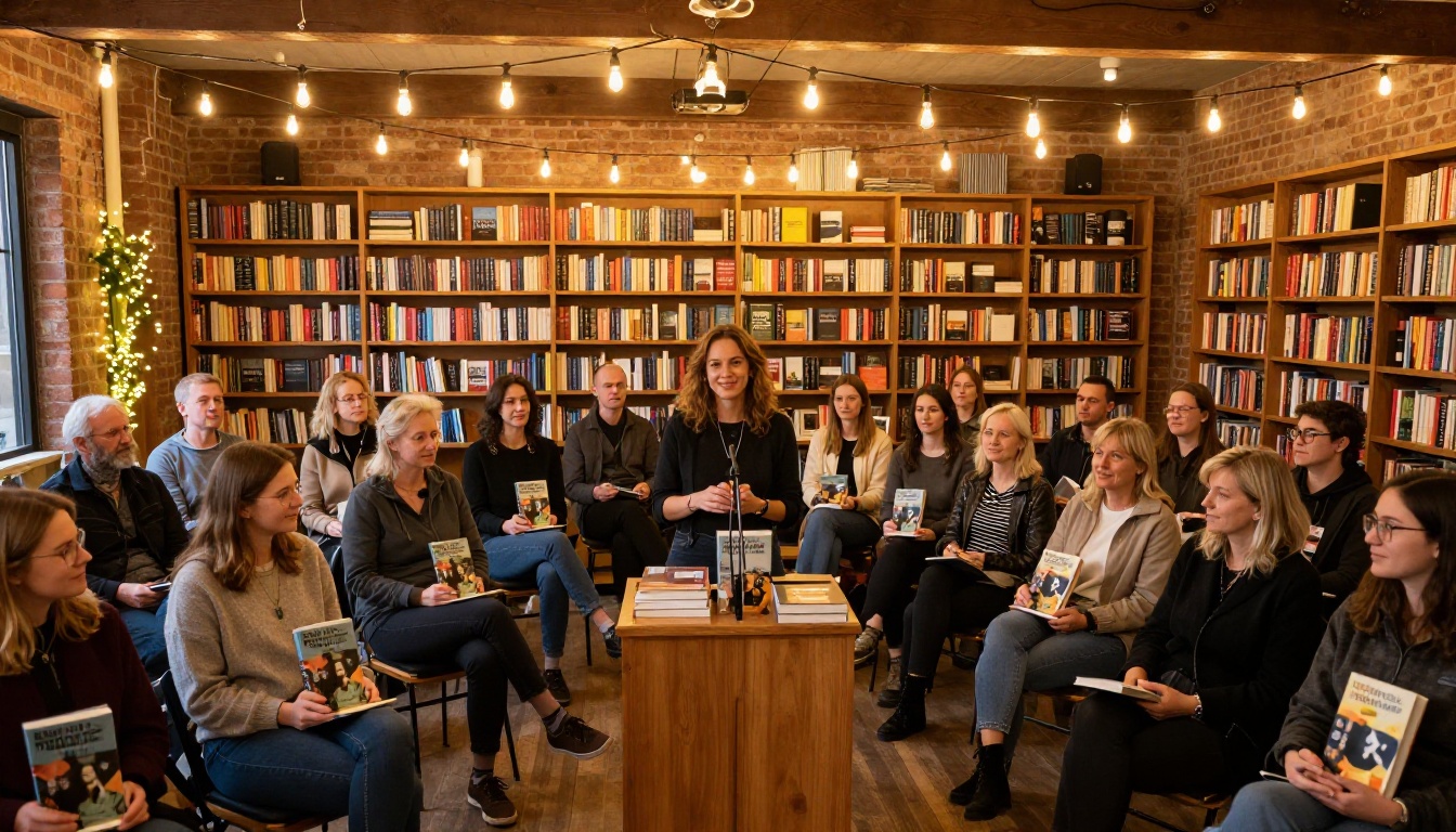 Author presenting at a book launch event in an independent bookstore