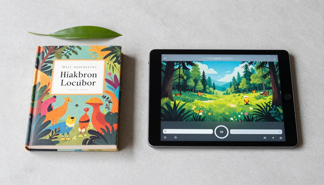 Side-by-side comparison of print book and digital flipbook on tablet