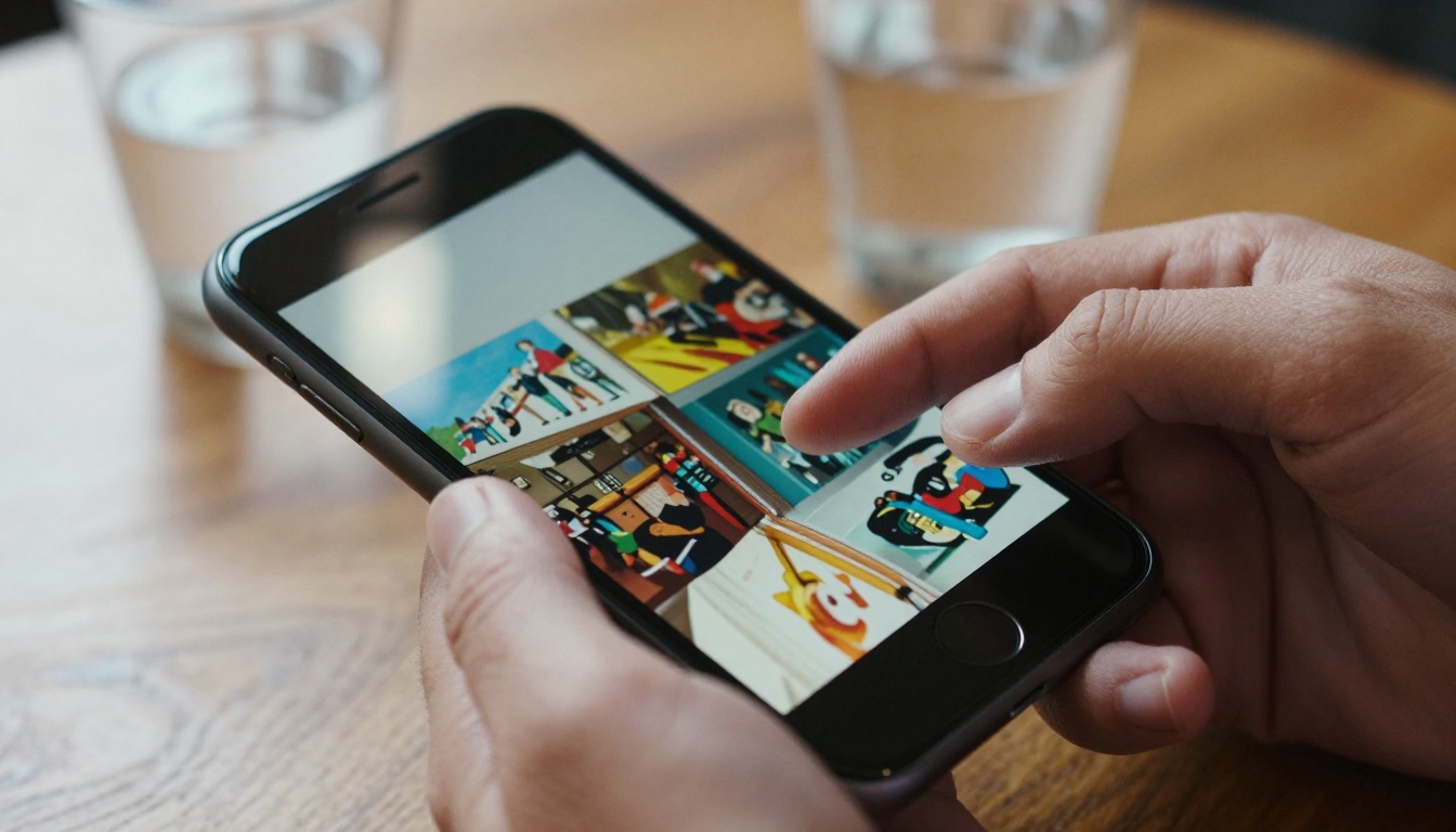 Close-up of hands scrolling through a flipbook on a smartphone