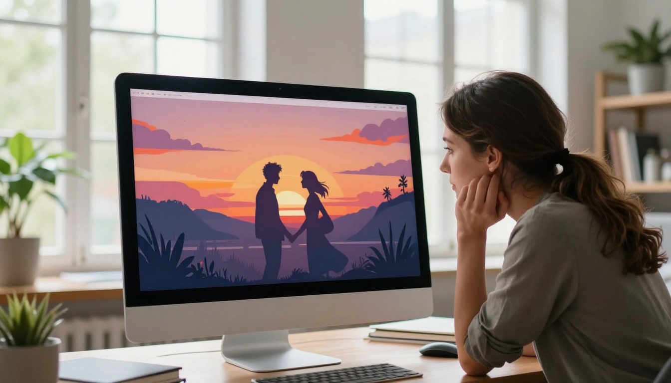 Graphic designer working on a romance novel cover design on an iMac in a bright studio