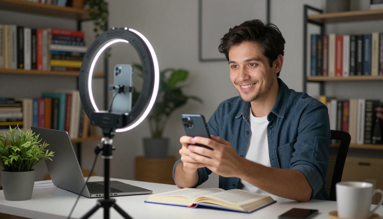 Male author filming a promotional video on a smartphone at his desk