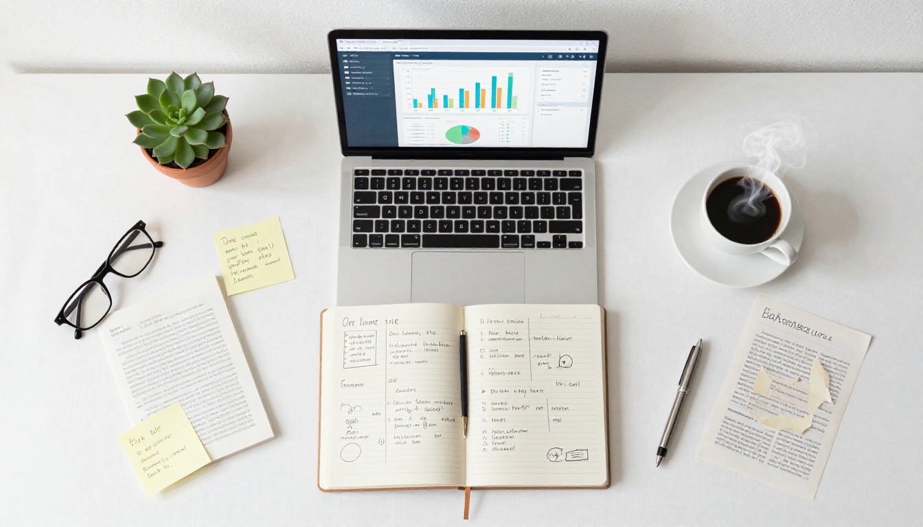 Aerial view of a creative author workspace with analytics dashboard and writing notes