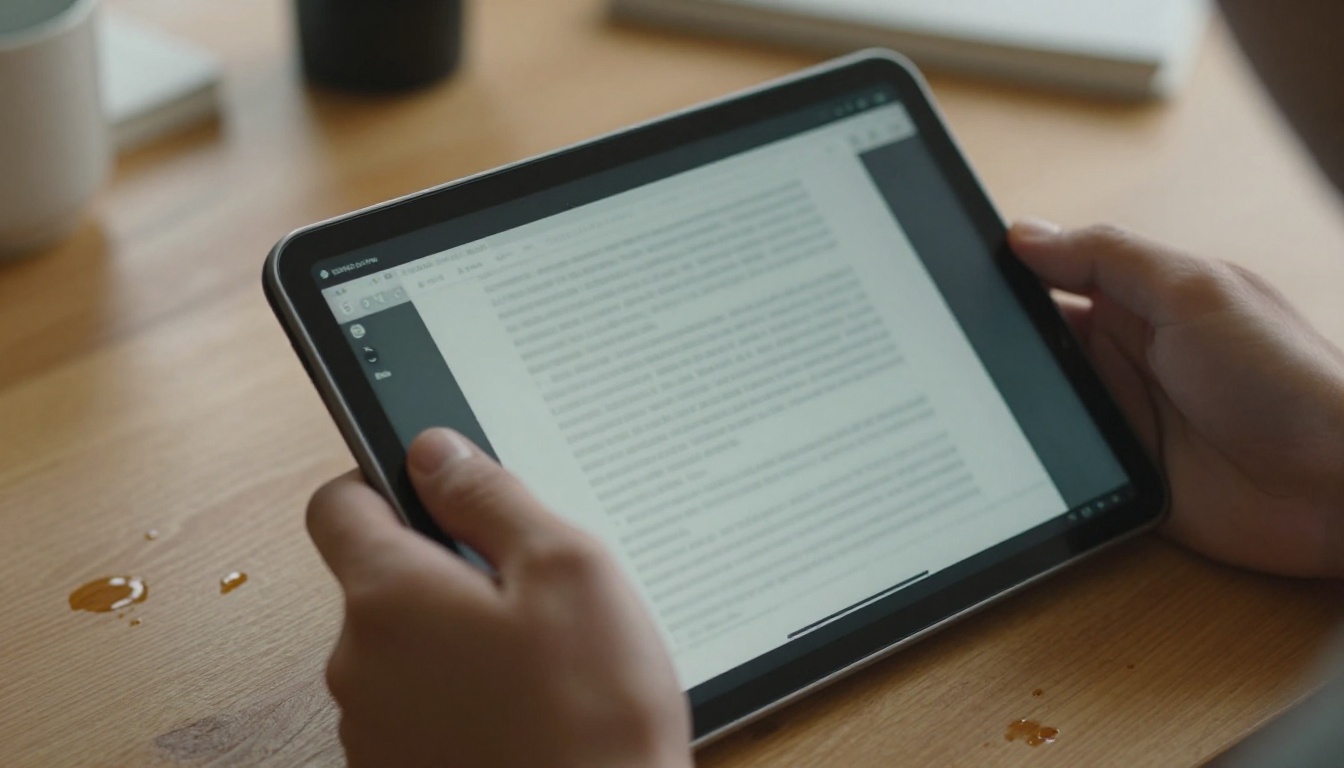 A tablet displaying a blurry, pixelated digital document showing poor PDF quality