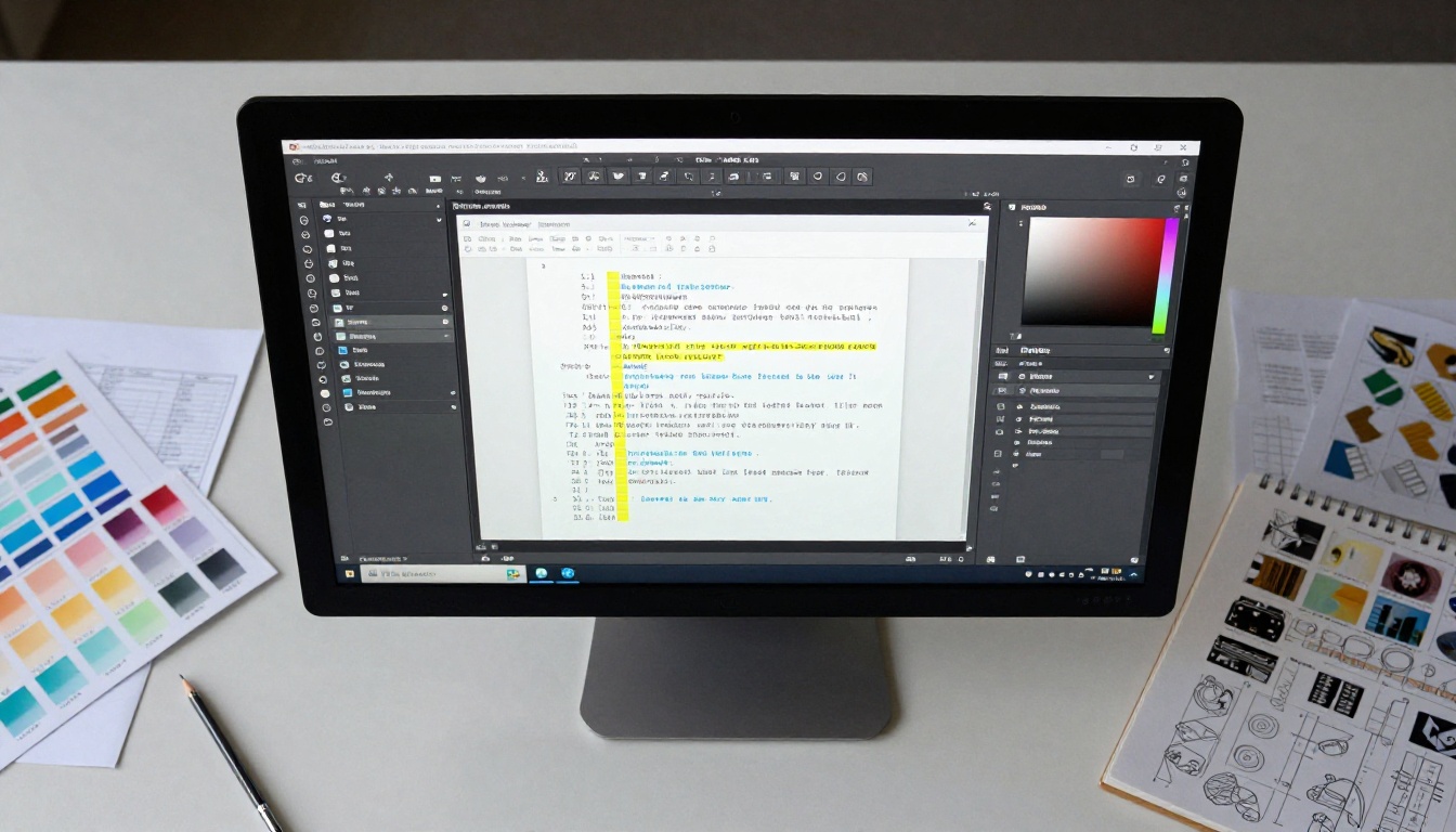 A designer's workspace with a high-resolution PDF open in editing software with color annotations and swatches